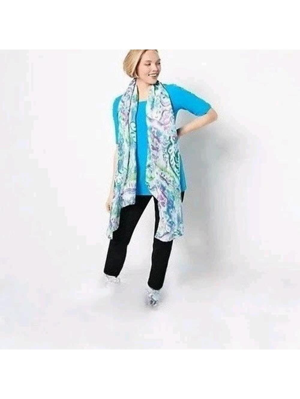 Susan Graver Womens Printed Woven Oblong Lightweight Scarf NIP Purple Blue Green